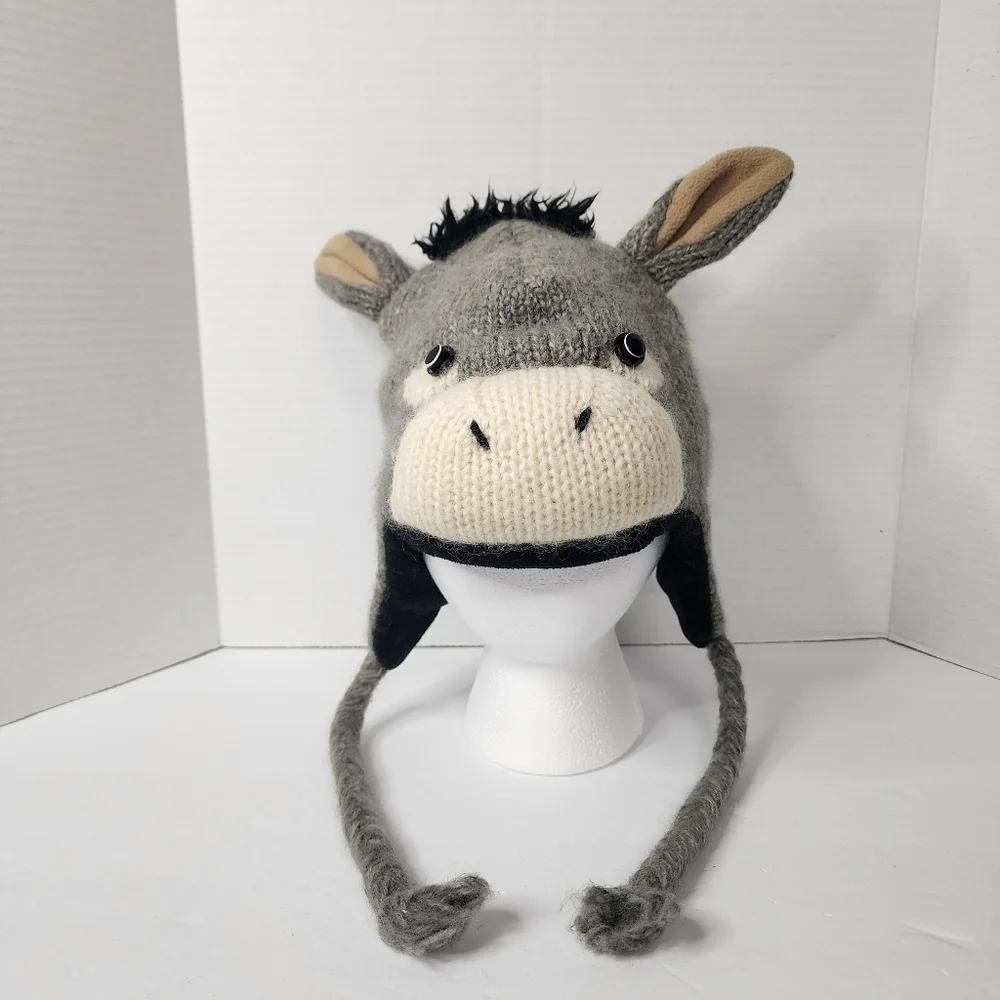 DeLux Vintage Kids Wool (80%) Blend Donkey Winter Hat with Ears and a Tail